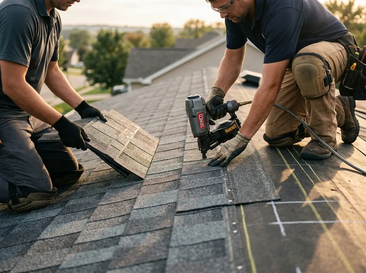 Professional roofer working on a residential roof in Covedale